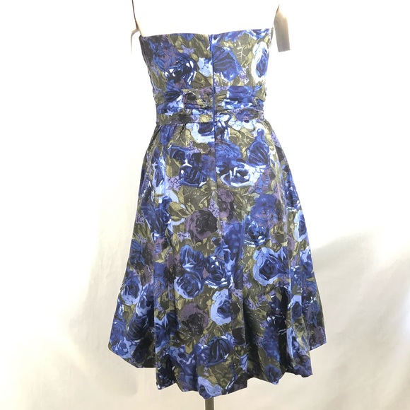 Donna Ricco Strapless Dress Blue Floral Silk Sz 4 A-line Tea length - Picture 5 of 13